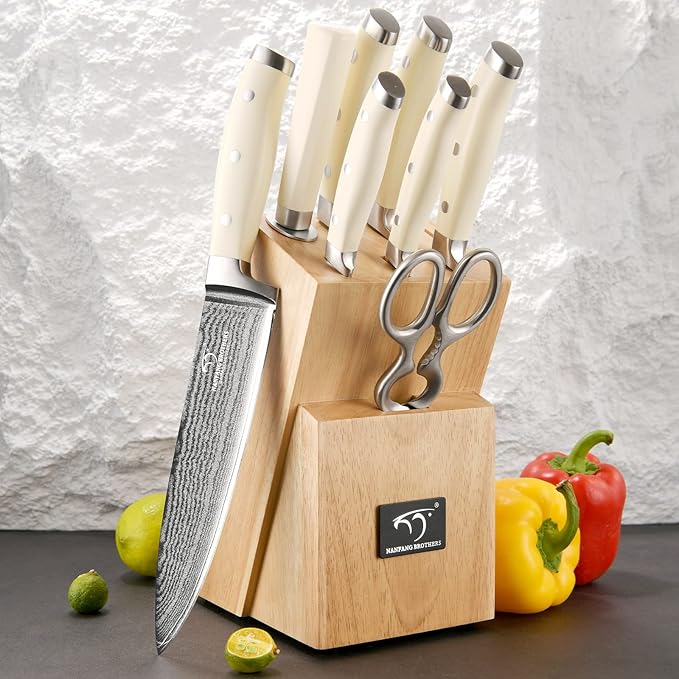 Damascus Kitchen Knife Set, 9 Pieces With Block, White ABS Triple Rivet Ergonomic Handle for Chef Knives, Sharpener and Shears
