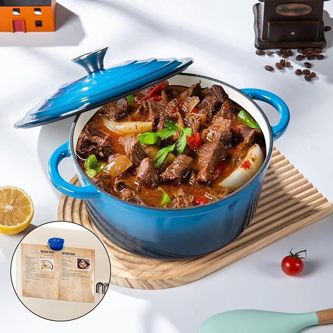 Enameled Cast Iron Dutch Oven Pot with Lid Heavy-Duty Cookware for Bread Baking,Braising,Stews,Roasting,Oven Safe up to 500째F,7QT,blue