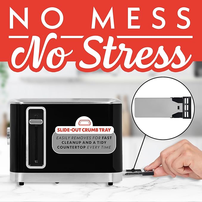 Gourmia 2 Slice Toaster ??6 Browning Levels with Bagel and Defrost Mode, One-Touch Toasting, Removable Crumb Tray, Extra Wide Slots, Compact Design, Black