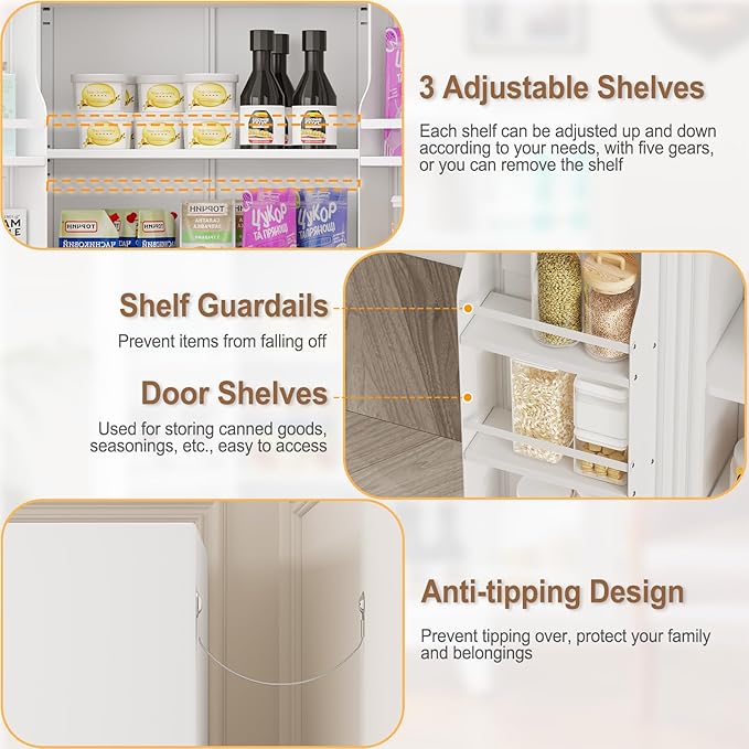 Metal Kitchen Pantry Cabinet, Storage Cabinets with 2 Door and 3 Adjustable Shelves, White Freestanding Food Storage Cabinet, Steel Cupboard for Kitchen Dinning Room