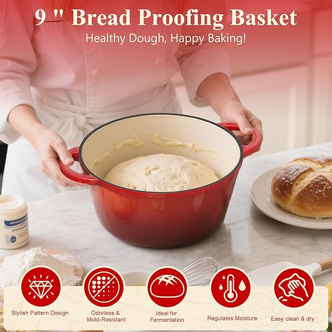 5QT Enameled Cast Iron Dutch Oven for Bread Baking, Sourdough Bread Making Supplies Tools Starter Kit, Dutch Oven Pot with Lid, Banneton Bread Proofing Basket and Scoring Lame, Red Christmas Gifts Idea
