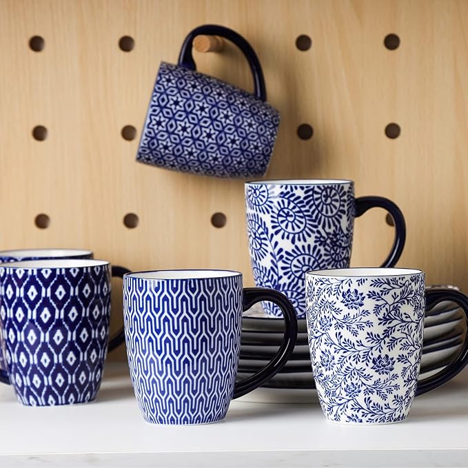 Selamica Ceramic Coffee Mugs Set of 4, 16 OZ Coffee Mug with Handle, Large Coffee Cups for Cappuccino, Tea, Mocha, Cocoa, Dishwasher Microwave Safe, Vintage Blue