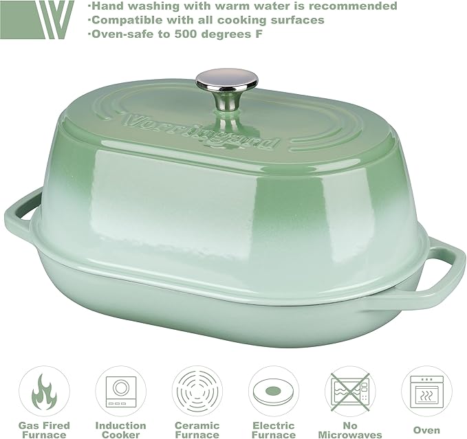 Enameled Cast Iron Dutch Oven Pot with Dome Lid, Oval Bread Oven for Homemade Sourdough Bread Baking, Oven Safe up to 500째F, 6 Quart, Green