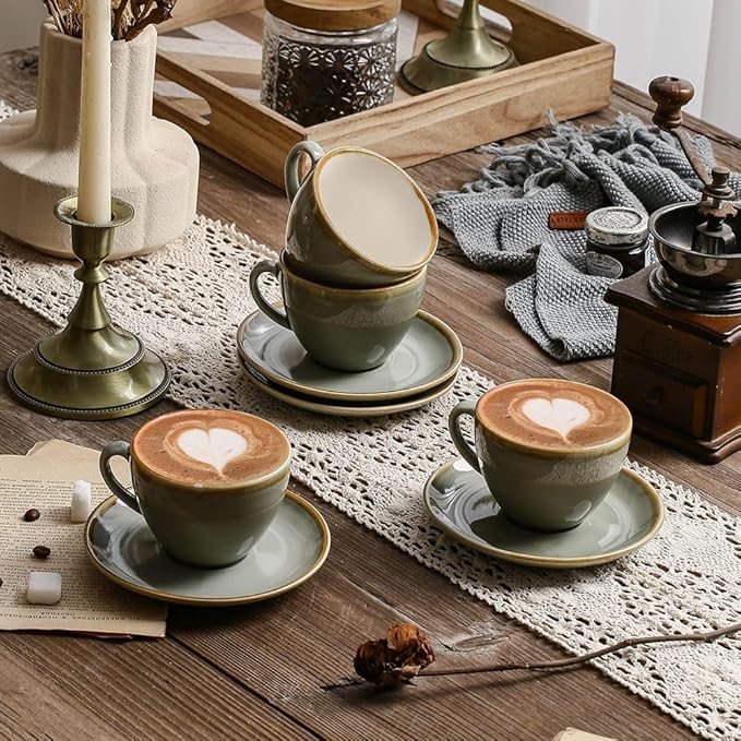 SHUER Ceramic Latte Coffee Cup Set of 4, 7.8 Oz Tea Cup and Saucers Sets,Glaze Americano Cups and Macchiato Coffee Cups,Low Tea Time Mug Set Great for Party (Light Cyan 220ML)