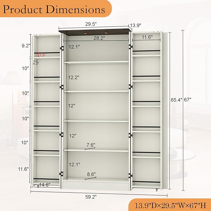 Tall Kitchen Pantry Cabinet: 67" Off White Farmhouse Pantry Cabinet for Kitchen Storage, Large Wood Food Storage Cabinet with Doors, Freestanding Food Cupboard