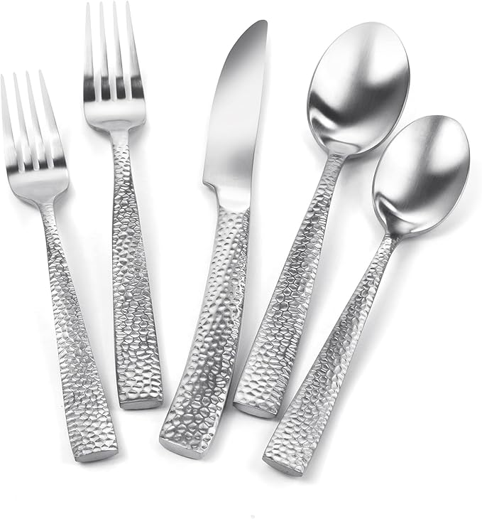 Matte Silver Hammered Flatware Set Stainless Steel Silverware Set 20 Pieces Cutlery Set Service for 4