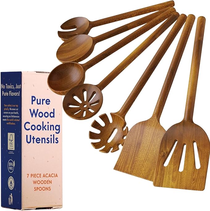 Non-Toxic Wooden Spoons for Cooking??7-Piece Kitchen Utensils Set, Glue-Free & One-Piece Cooking Utensils, Natural Wooden Utensil Set with Plant-Based Finish, Free of Forever Chemicals