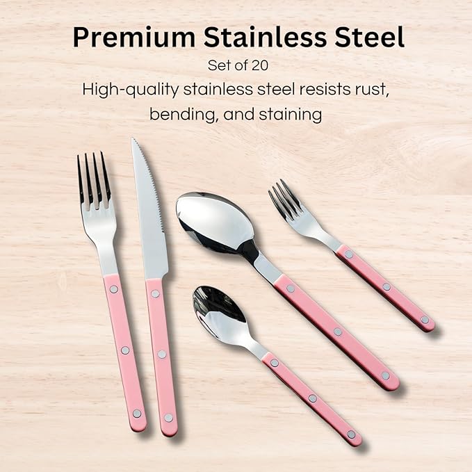 Khen Cutlery Set of 20, 18/8 Stainless Steel Flatware, Modern Silverware for Home, Kitchen, Dining & Table Setting for 4 ??Stainless Steel, Dishwasher Safe, Lightweight & Ergonomic Design Gift - Pink