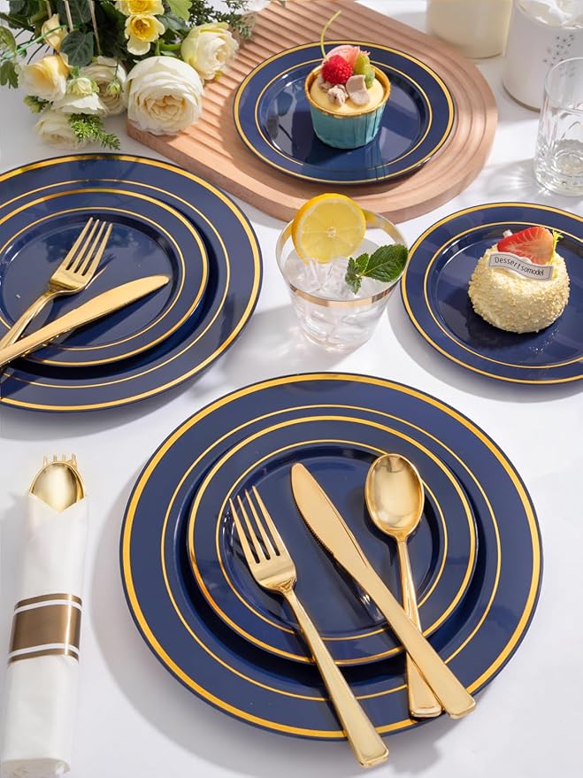 350PCS Navy Blue and Gold Plastic Plates with Rolled Napkins Include Dinner Plate 10?쇺? Dessert Plate 7?쇺? gold Cups 9 OZ, Pre Rolled Napkins 25 of each type for Party/Birthday/Wedding