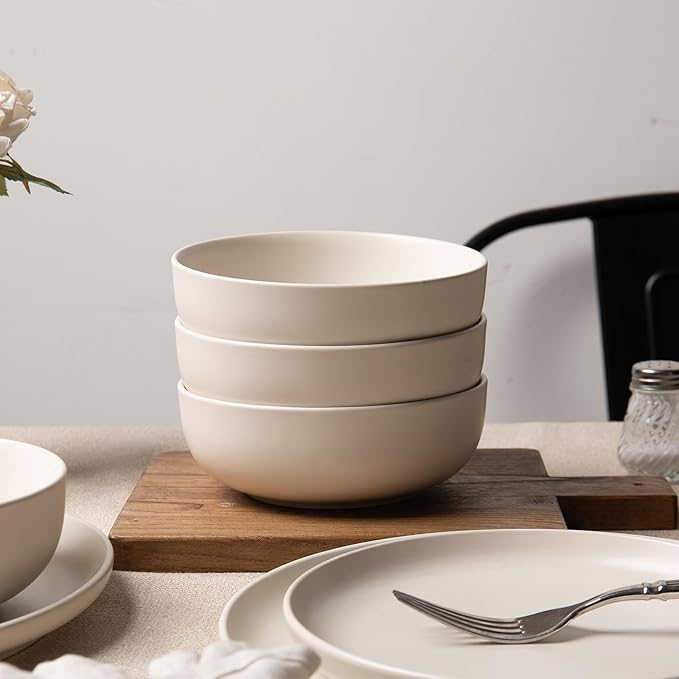 Furrnook 12-Piece Stoneware Dinnerware Set with Mugs | Microwave and Dishwasher Friendly | Stackable Matte Glaze Plates & Bowls | Service for 3 (White for 4)