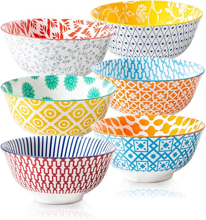 Cerkik Ceramic Soup Bowls Set - 24 Oz Deep Cereal Bowl - 6 Inch Large Kitchen Dinner Bowl Eating Pasta Salad Dessert Noodle Rice Oatmeal - Microwave Dishwasher Safe - Set of 6 - Assorted Colors