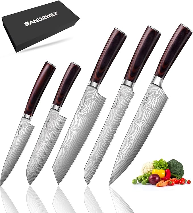Professional Kitchen Knife Set, 5-Piece High Carbon German Stainless Steel Chef Knives with Sheaths, Ergonomic Pakkawood Handles, Ultra Sharp, Versatile for Home & Restaurant ??Premium Gift Box