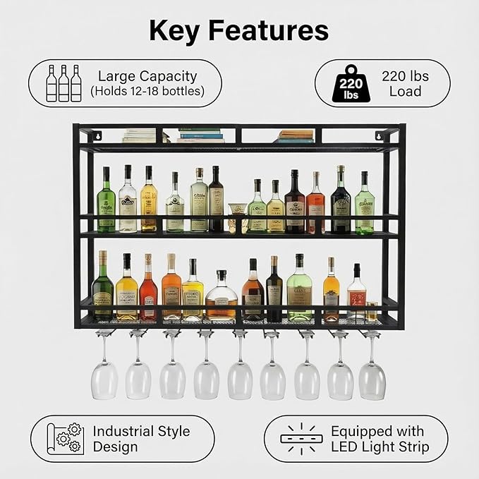Wall Mounted Wine Racks 3 Tier, Bar Shelves Wall Mounted with Wine Glass Holder, Black Bar Shelves for Liquor Bottles, Wall Bar Cabinet for Home Bar, Kitchen, Dining Room(59 * 9.8 * 35in)
