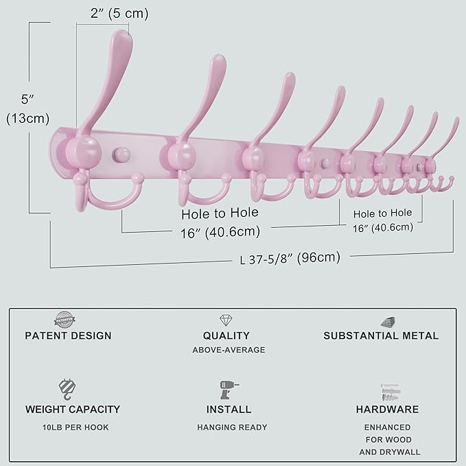 Dseap Coat Rack Wall Mount - 38??Long 10-Tri-Hooks Heavy Duty Coat Hanger Rail Wall Hooks for Hanging Coats Hats Clothing Clothes Purse Mudroom Entryway, Pink, Pack of 2