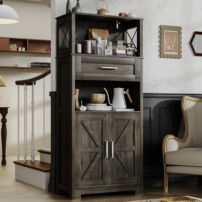 55" Tall Kitchen Pantry, Farmhouse Storage Cabinet with Doors, Shelves and Drawer, Rustic Wood Cupboard for Kitchen, Dining Room (Ash Grey)