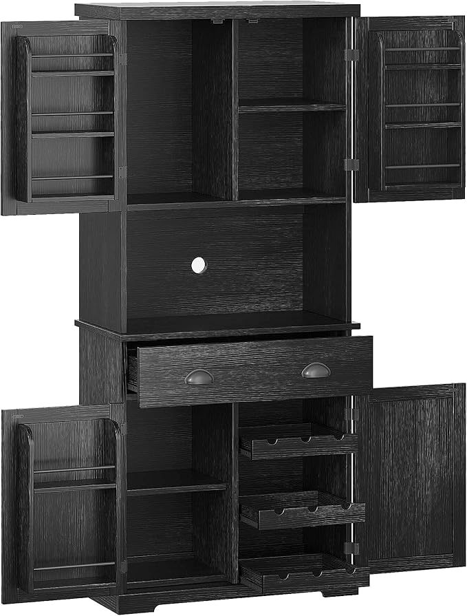 ChooChoo 72" Pantry Cabinet with Storage Drawers, Farmhouse Kitchen Hutch Bar Cabinet with Microwave Stand, Kitchen Cupboard with Door Shelves for Dining Room, Living Room, Black