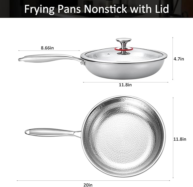 Lazycorner Hammered Non Stick Frying Pan with Lid - 12 Inch Stainless Steel Kitchen Cookware Pot Scratch-Resistant, Even Heating Cookware for All Stovetops (12in-With Lid)