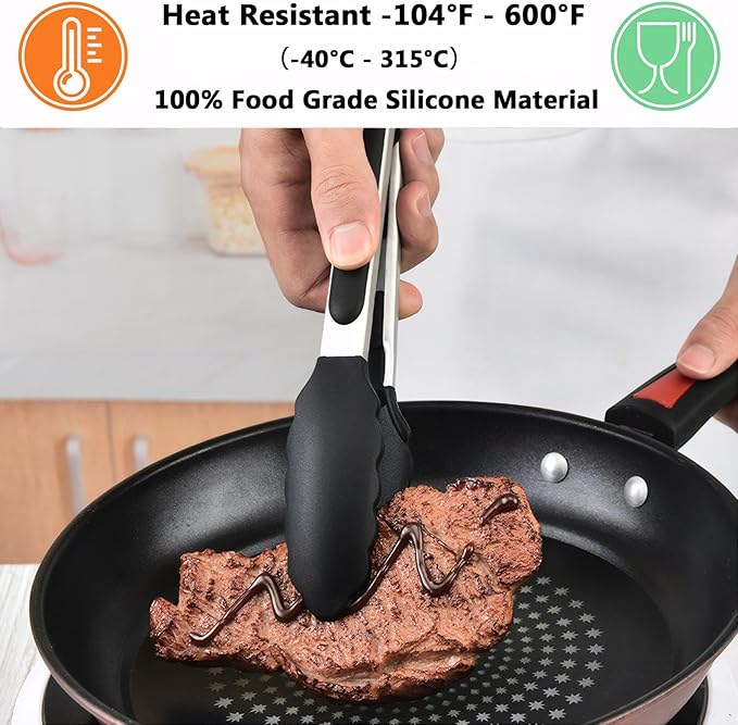 Kitchen Tongs for Cooking with Non-Stick Silicone Tips, 600째F Heat Resistant Silicone Cooking Food Tong Set Heavy Duty Stainless Steel Handle for Baking Grilling BBQ Salad Serving, 9" and 12"