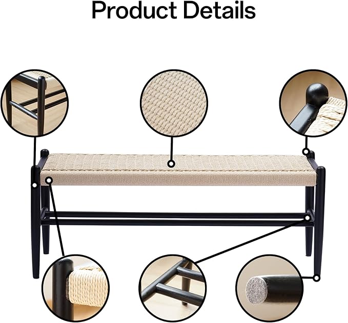 XINNAN Solid Wood Entryway Bench with Shoe Storage, Rustic Oak Wood and Woven Design 45 Inch Long Seating for Living and Dining Rooms,Black