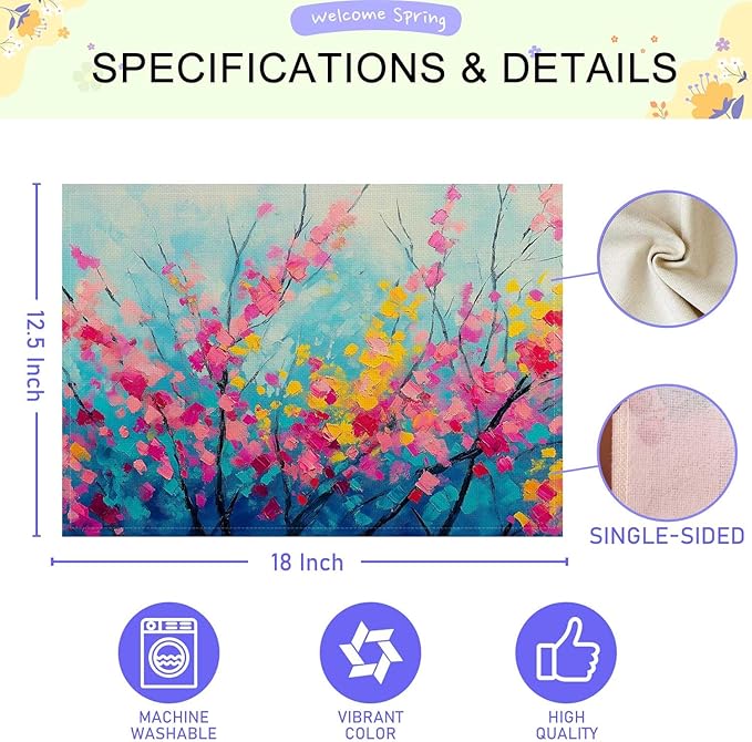 Jauageon Spring Summer Floral Placemat Set of 4 Placemats Flower Branch Table Mats for Indoor Outdoor Home Party Kitchen Dining Decor Farmhouse Burlap Table Mats 12x18 Inch