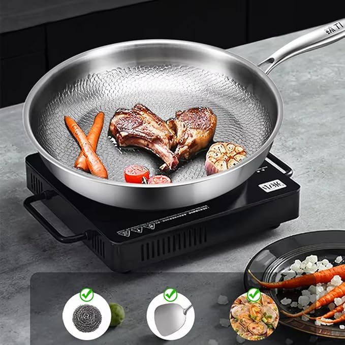 Titanium Pan with Hammer & Lid & Shovel, Titanium & Stainless Steel Pro Cookware, Scratch-Resistant & Durable Nonstick Cookware, Multifunctional Pots and Pans Set (10.23in)