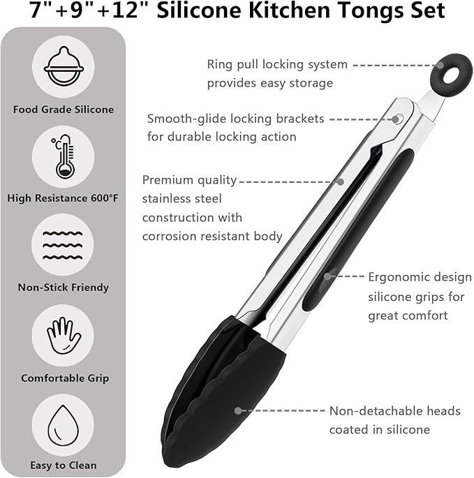 Kitchen Silicone Tongs for Cooking with Nonslip Silicone Tips, 600째F Heat Resistant Cooking Food Tong Set Heavy Duty Stainless Steel Handle for Baking Grilling Serving, 3 Pack (7" & 9" & 12")