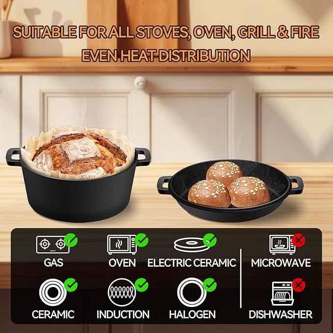 Cast Iron Dutch Oven for Bread Baking, Banneton Bread Proofing Basket Sourdough Bread Baking Supplies, 2-in-1 Dutch Oven Pot with Skillet Lid Cooking Pan Handles Lame, 5QT