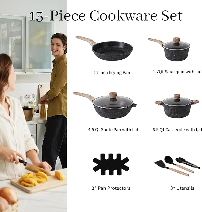 Pots and Pans Set Non Stick, 13Pcs Kitchen Cookware Sets, Granite Stone Induction Cookware Non Stick Cooking Set w/Frying Pans, Saucepans, Saut챕 Pan (PFOA Free), Black