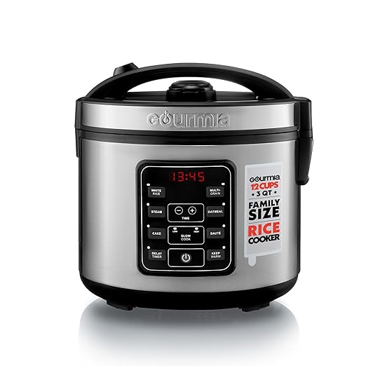 Gourmia Rice Cooker ??3 Qt Capacity, 12 Cup Cooked, 6 Cup Uncooked, Digital Controls, Grain Cooker & Steamer, Built-In Steamer Basket, Nonstick Ceramic Pot, Delay Timer, Keep Warm, Stainless Steel