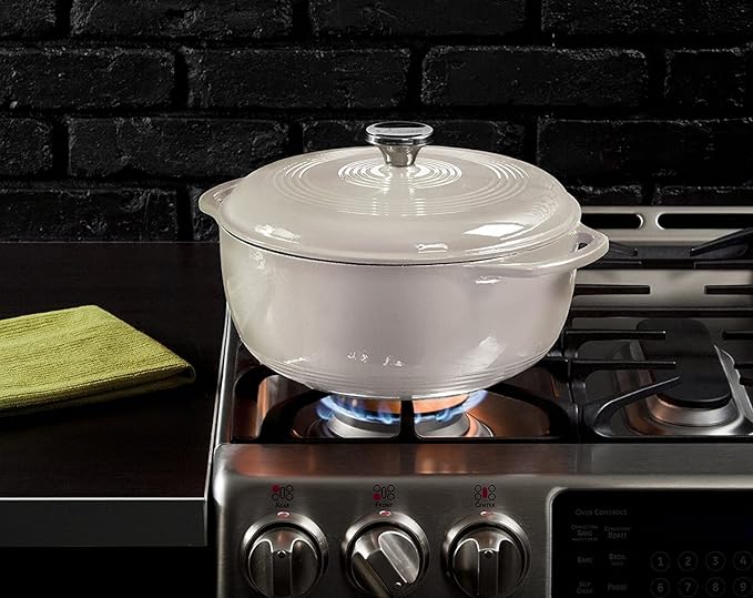 Lodge 3 Quart Enameled Cast Iron Dutch Oven with Lid ??Dual Handles ??Oven Safe up to 500째 F or on Stovetop - Use to Marinate, Cook, Bake, Refrigerate and Serve ??Oyster White