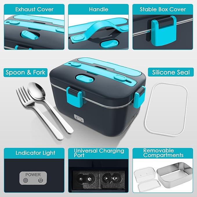 COZYEXPERT Electric-Lunch-Box-Heated-Food-Warmer 100W Heating Lunchbox for Adults 1.8L Portable Food Heater for Work/Car, 12V/24V/110-230V Lonchera El챕ctrica Port찼til with Fork Spoon (Gray+Blue)