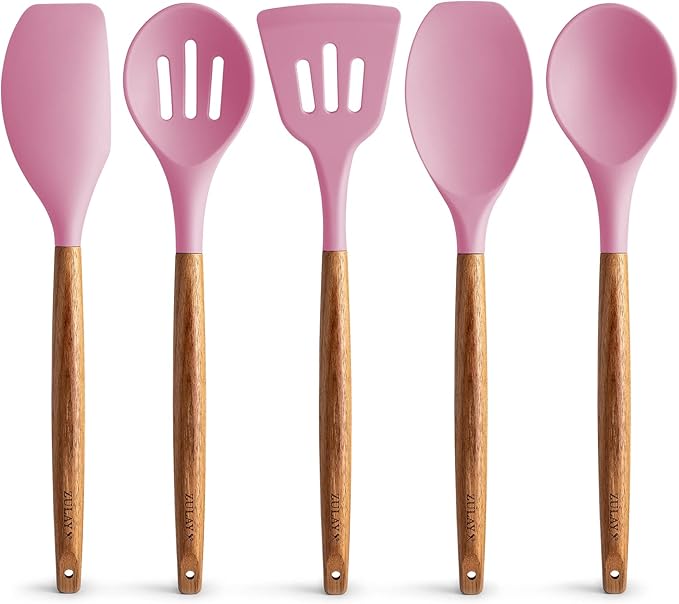 Zulay Kitchen Non-Stick Cooking Utensils Set with Authentic Acacia Wood Handles ??5-Piece Durable & Stylish Silicone Kitchen Utensils Set ??Heat Resistant to 464째F ??Pink