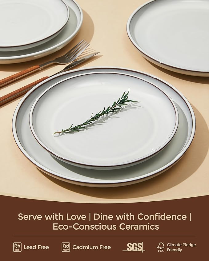 Pokini 24 Piece Stoneware Dinnerware Set for 8, Moonstone White Plates and Bowls Set, Reactive Glaze Ceramic Dish Set, Durable & Chip Resistant, Modern Rustic Look, Microwave & Dishwasher Safe