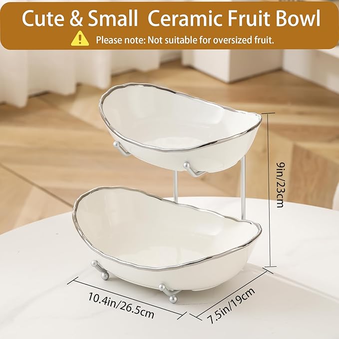 2 Tier Ceramic Fruit Bowl for Kitchen Counter, Tiered Fruit Basket for Countertop, Modern Multi Layer Fruit Display Stand for Party, Cute (Silver-rimmed, Small)