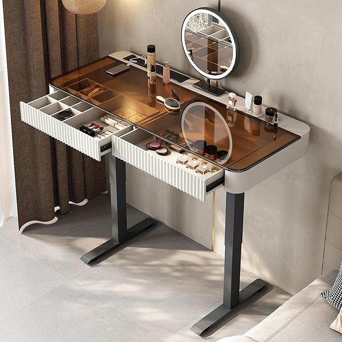 Lartis Vanity Table with Stool,Electric Lift Vanity Desk,Vanity Set竊똗p and Down Desk, Standing Vanity with Drawer (Ivory White, 50 in)
