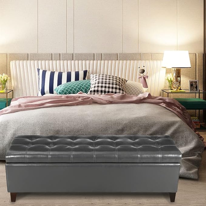 DECO DE VILLE Ottoman with Storage, 51 Inch End of Bed Storage Ottoman Bench, Faux Leather Upholstered Ottomans with Hinged Lid, Rectangle Long Foot Rest Bench for Entryway Living Room Bedroom Gray