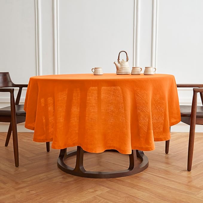 Solino Home Linen 60 Inch Round Tablecloth - 100% Pure Linen Pumpkin Round Tablecloth - Machine Washable Table Cloth - Sonoma