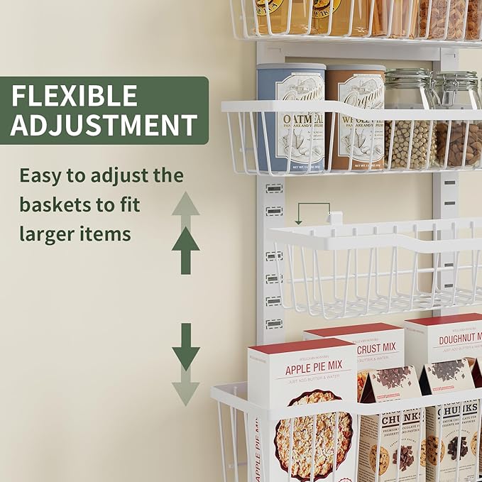 Over The Door Organizer竊?-Tier Over The Door Pantry Organizer with Adjustable Baskets竊똌etal Hanging Pantry Organizers and Storage for Kitchen, Back of Door Seasoning Rack (White)