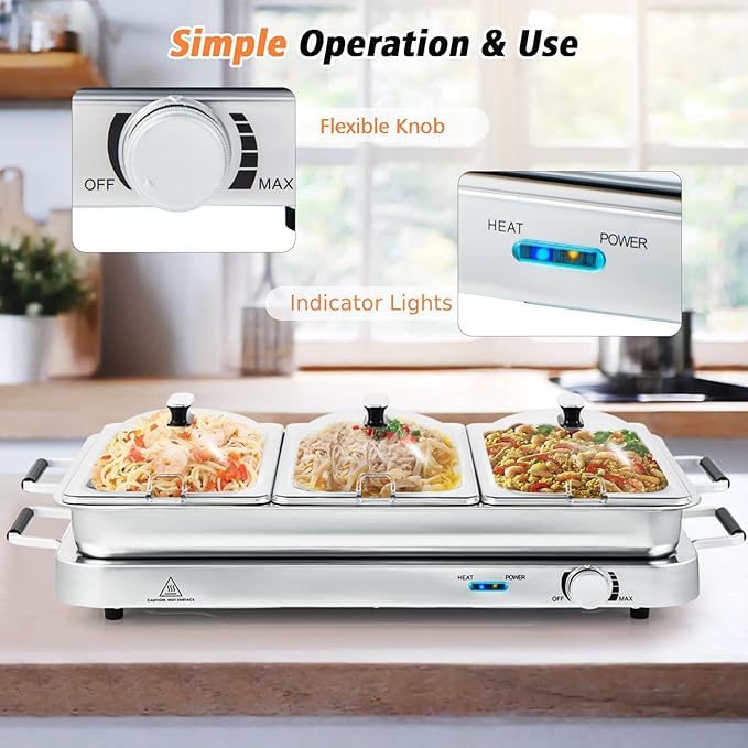 LDAILY Buffet Servers and Warmers, 8 QT Stainless Food Warmer w/Adjustable Temp, Triple Chafing Dishes & Clear Slotted Lids, 450W Electric Warming Trays for Buffets Party, Banquets, Holiday Events
