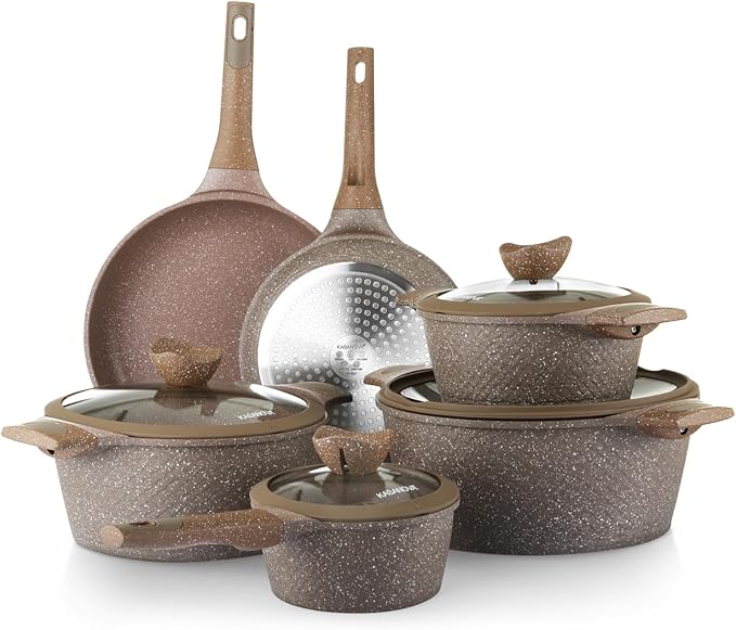 Pots and Pans set for cooking nonstick, 10Pcs, Durable Aluminum cookware set, PFOA-free, Kitchen pans set with glass lid, Induction safe, Taupe (10)