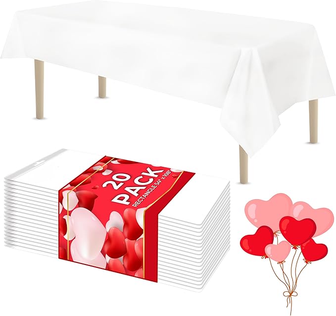 LEMON + Co. White Rectangle Table Cover Disposable Plastic Tablecloth 54 Inch. x 108 Inch. Premium Decorative Rectangle Table Cover 20 Pack