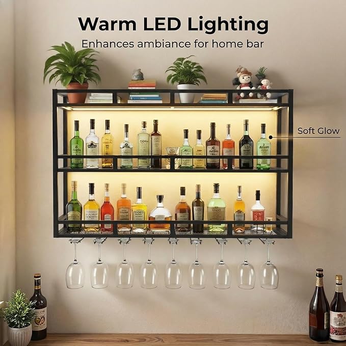 Wall Mounted Wine Racks 3 Tier, Bar Shelves Wall Mounted with Wine Glass Holder, Black Bar Shelves for Liquor Bottles, Wall Bar Cabinet for Home Bar, Kitchen, Dining Room(47 * 9.8 * 35in)