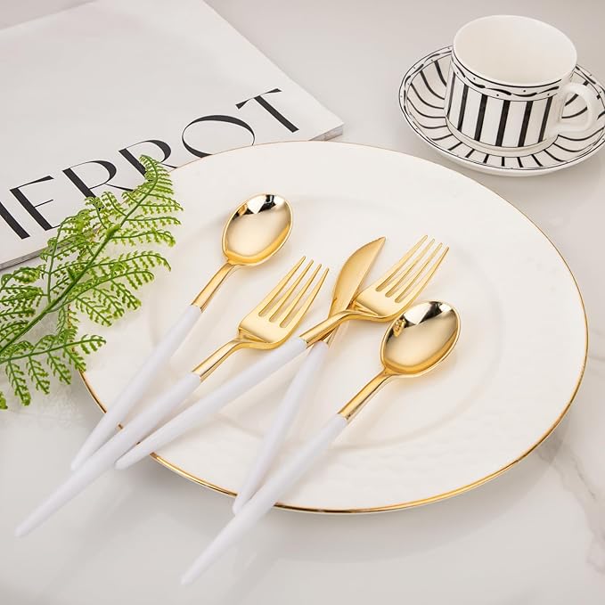 I00000 144Pcs Gold Plastic Silverware, Gold Plastic Utensils Set,Disposable Utensils Heavy Duty,Disposable Silverware Set Includes 48 Forks,48 Knives,48 Spoons for Wedding & Party