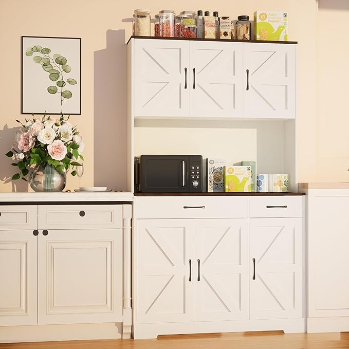 71" Pantry Cabinet with Charging Station, Kitchen Storage Cabinet with Microwave Stand, 8-Zone Organization, 2 Smooth-Glide Drawers, Open Countertop for Dining, Kitchen, Living Room (White)