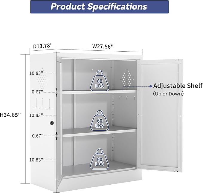 Metal Pantry Cabinet, 35 Inch Tall Kitchen Storage Cabinet, Pantry Cabinet with Doors and 2 Adjustable Shelves, Food Pantry Storage Cabinet for Kitchen, White