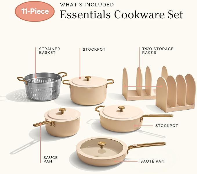 Our Place 11-Piece Essentials Complete Cookware Set - Ceramic Fry Pan, Saucepan, Saut챕 Pan, Stock Pot, Strainer Basket & Rack Storage | Thermakind??Nonstick, Oven Safe up to 450째F | Cream