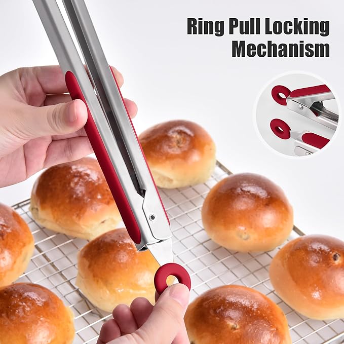 Doosu Kitchen Tongs for Cooking - 600째F Heat Resistant Food Tong with Non-Scratch Silicone Tips, Heavy Duty Stainless Steel Locking Tong for BBQ, Grilling Steak, Serving Salad, Pasta (16in, Red)