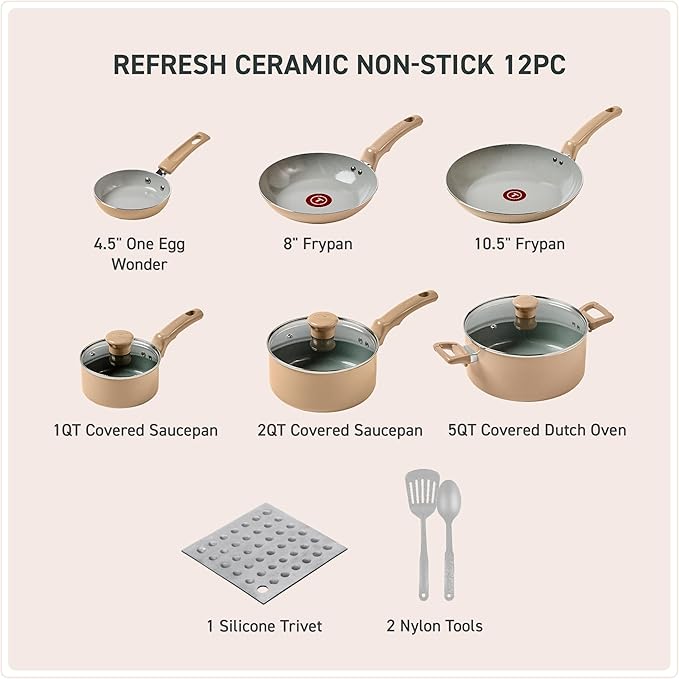 T-Fal Refresh Ceramic Nonstick Cookware Set, 12-Piece, Oven Safe to 350째F, Includes Stockpot, Griddle, Frying Pans, Utensils, Ceramic Pots and Pans Set, Sand Beige