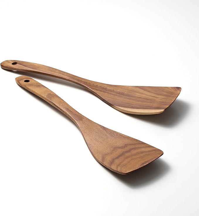 Wooden Spatula for Cooking - Wooden Spoons for Cooking - 12.5 Inch Teak Spatulas for Nonstick Pans - Wood Cooking Utensils - Wood Kitchen Utensils Set of 2 - Bamboo Spatulas - Wooden Turner Spatula