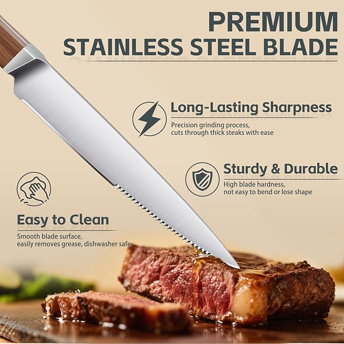 Purple Dragon Serrated Steak Knives Set of 8-4.7 Inch Dinner Knife High Carbon German Steel Steak Knife Set with Square Wooden Handle - Effortless Cutting Christmas Gift for Men and Women